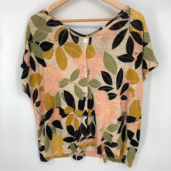 Rachel Zoe Linen Tee Womens XL Tropical Floral Island Leaf Hawaiian Button Back - Picture 4 of 8